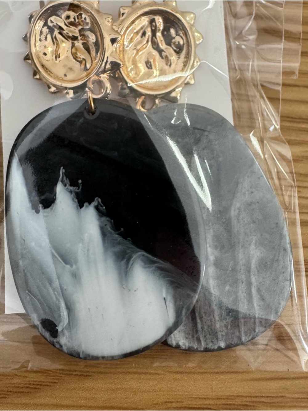 Black & White Marble Oval Dangle Earrings with Gold Tops